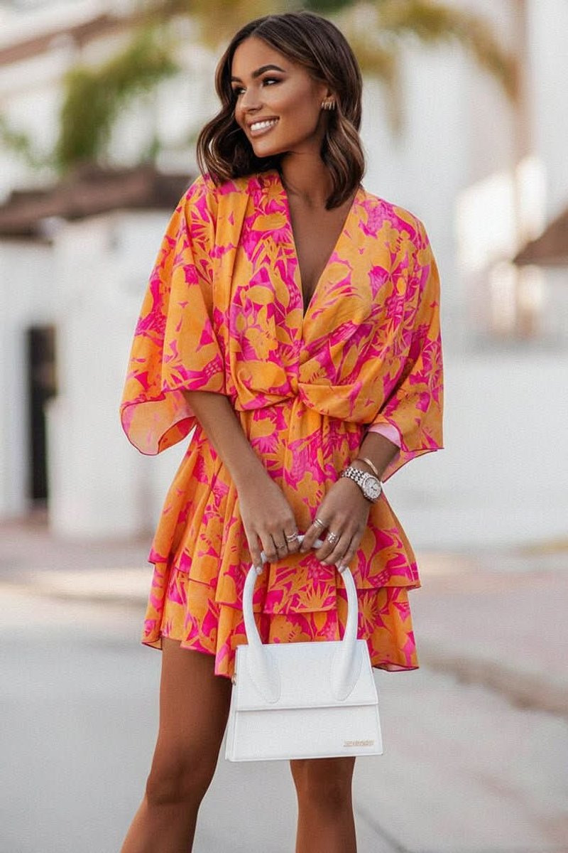 Phoebe | Women's Tropical Print Tiered Mini Cocktail Dress V-Neck 0