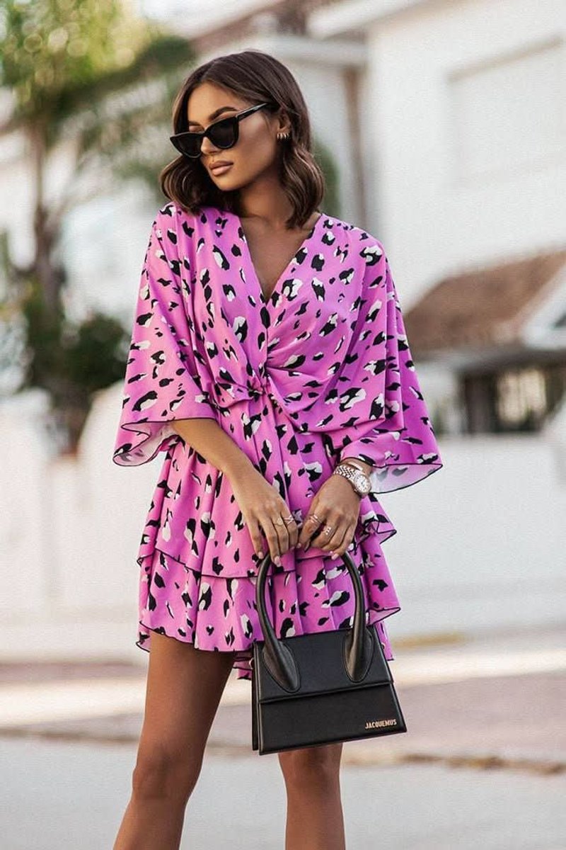 Phoebe | Women's Tropical Print Tiered Mini Cocktail Dress V-Neck 2