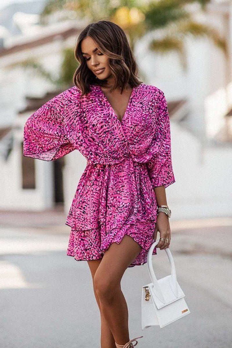 Phoebe | Women's Tropical Print Tiered Mini Cocktail Dress V-Neck 4