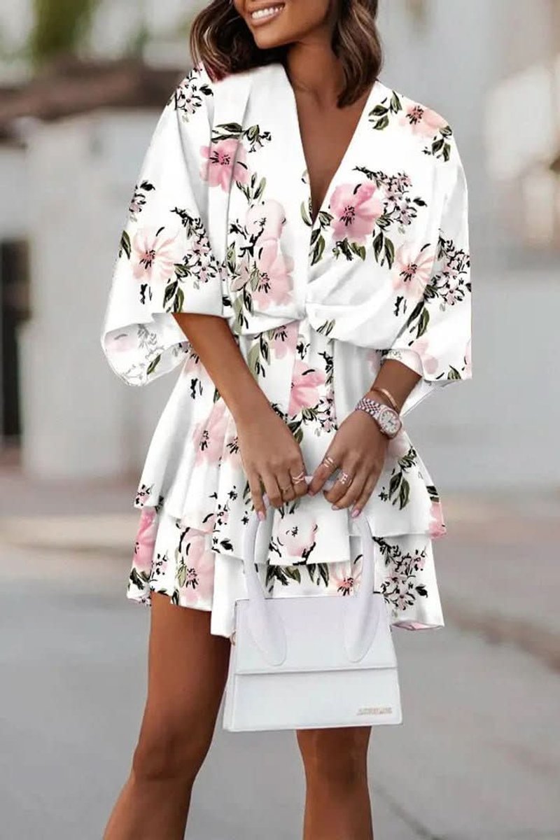 Phoebe | Women's Tropical Print Tiered Mini Cocktail Dress V-Neck 5