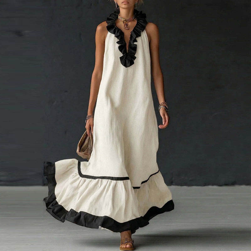 Women's Maxi Dress | Contrast Ruffle V-Neck Design