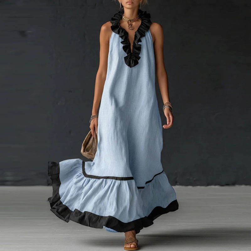 Women's Maxi Dress | Contrast Ruffle V-Neck Design