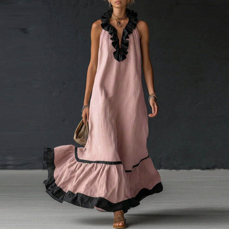 Women's Maxi Dress | Contrast Ruffle V-Neck Design