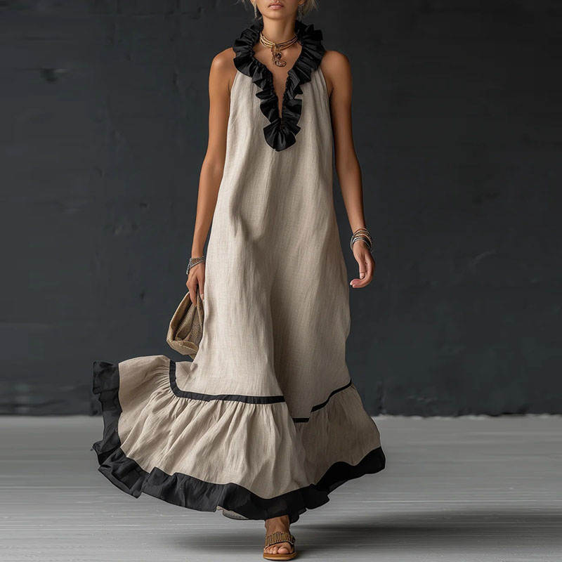 Women's Maxi Dress | Contrast Ruffle V-Neck Design