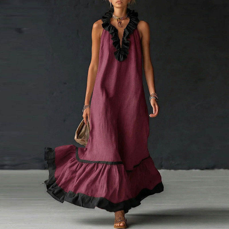 Women's Maxi Dress | Contrast Ruffle V-Neck Design