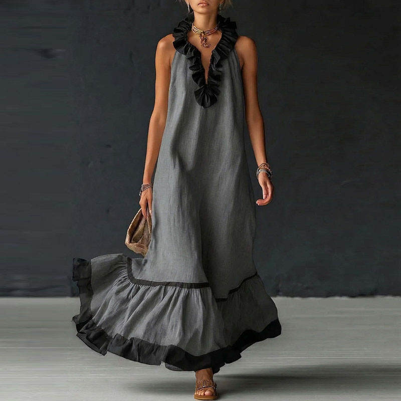 Women's Maxi Dress | Contrast Ruffle V-Neck Design