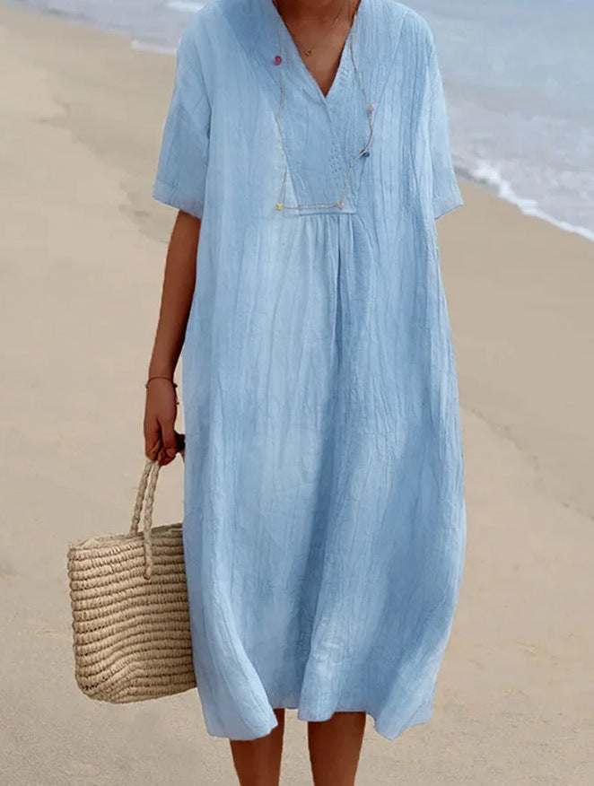 Relaxed Beach Dress with V‑Neck and  Short Sleeves 0