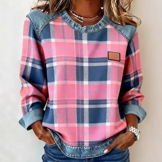 SCOTCH | Patchwork plaid sweatshirt with round neck 1