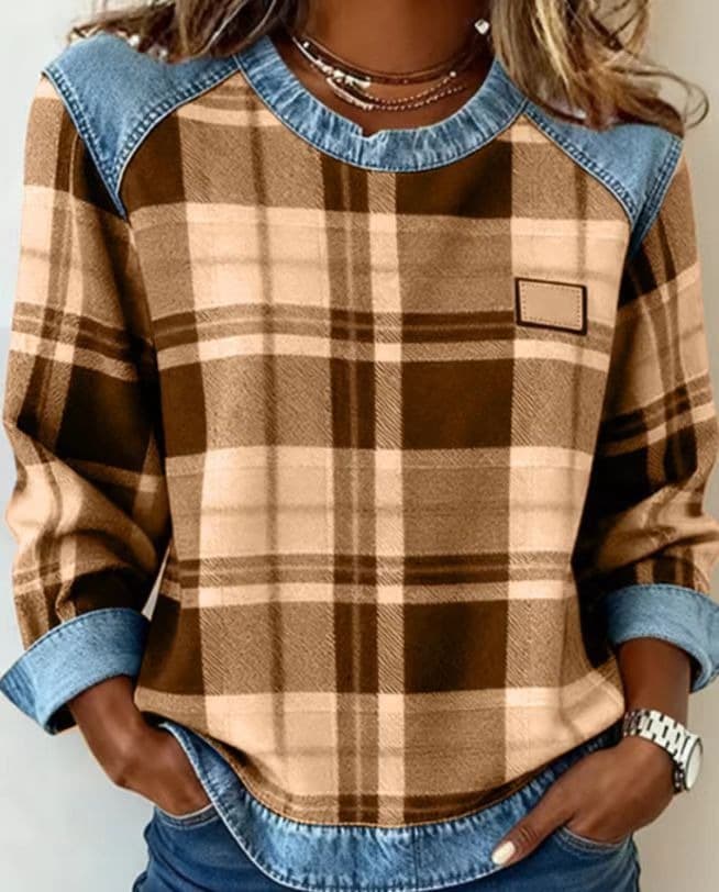 SCOTCH | Patchwork plaid sweatshirt with round neck 2
