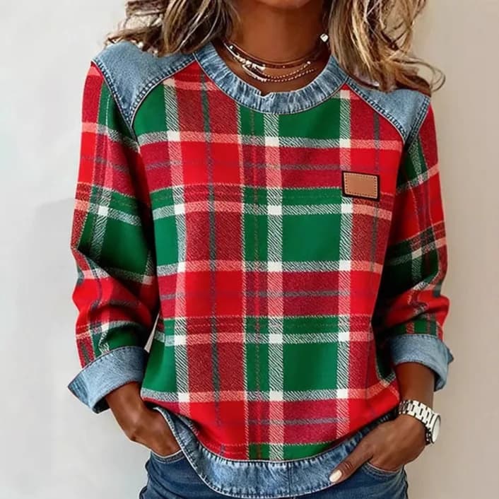 SCOTCH | Patchwork plaid sweatshirt with round neck 9