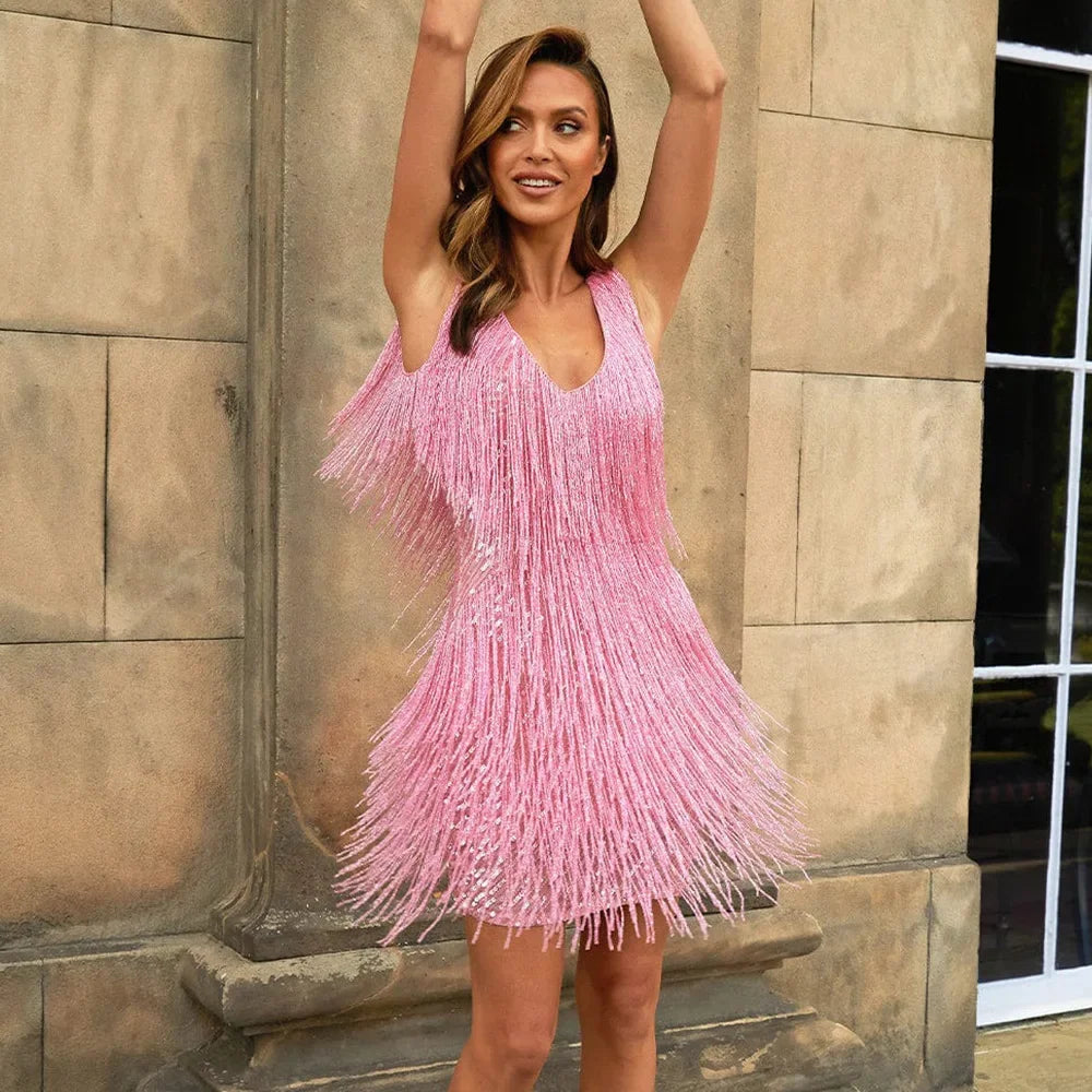 Kimberly | Chic Women’s Fringe Feather Cocktail Dress for Parties