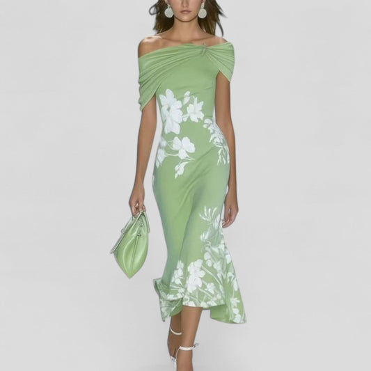Scarlett | Midi Dress Off-Shoulder Floral Print Bodycon Ruffle Hem 0