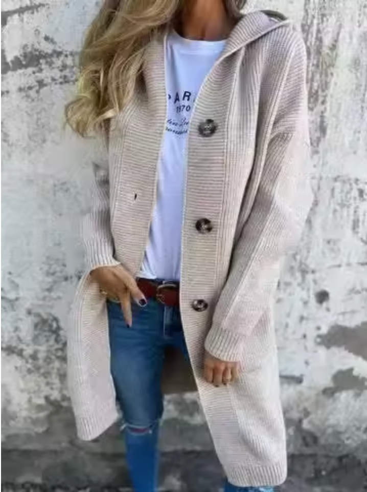 Women's Longline Knitted Cardigan | Hooded & Button Front 1