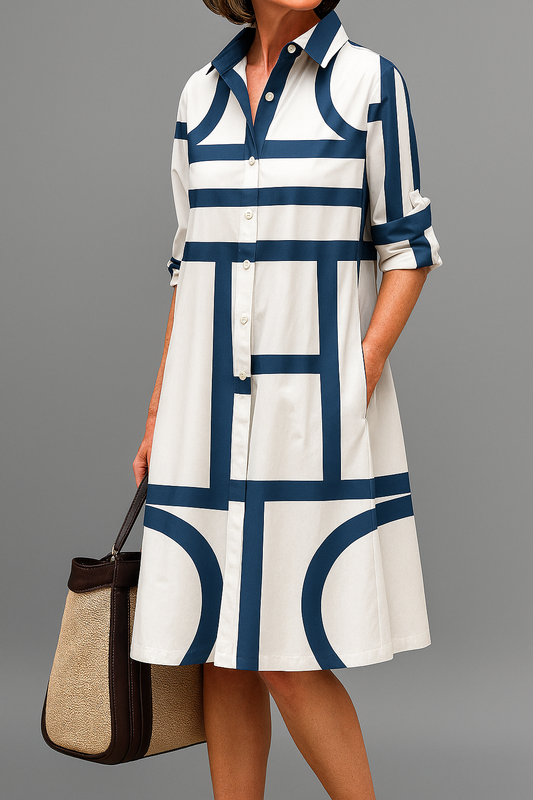 Women's Midi Dress | Geometric Print & Timeless Shirt Style