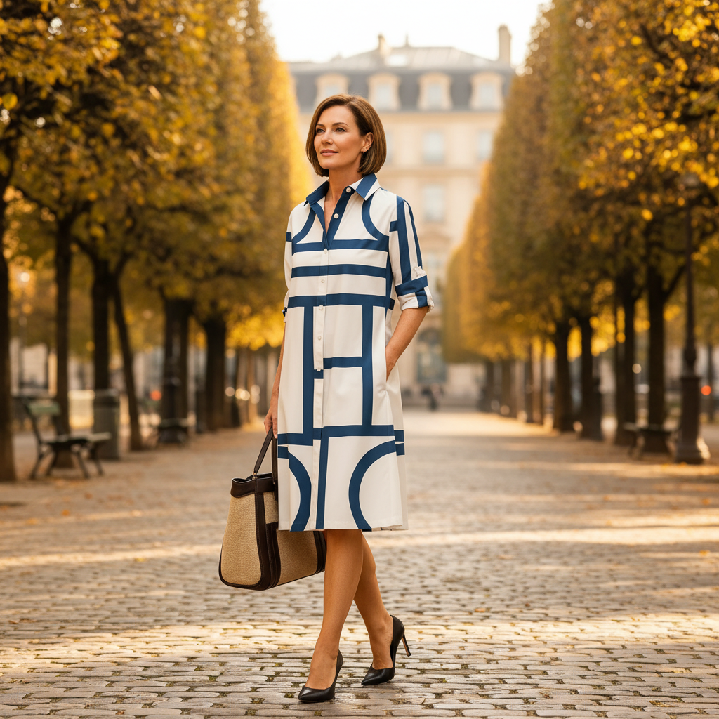 Women's Midi Dress | Geometric Print & Timeless Shirt Style