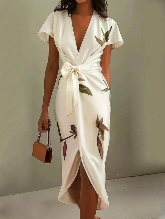 Sophie | Women's Leaf Print V-Neck Wrap Midi Dress 0