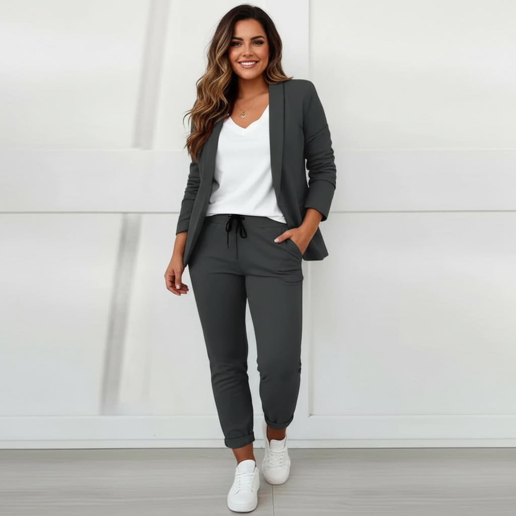 Dames 2-Delige Blazerset – Blazer met Comfortabele Pantalon Donkergrijs / S - AIDA LENA