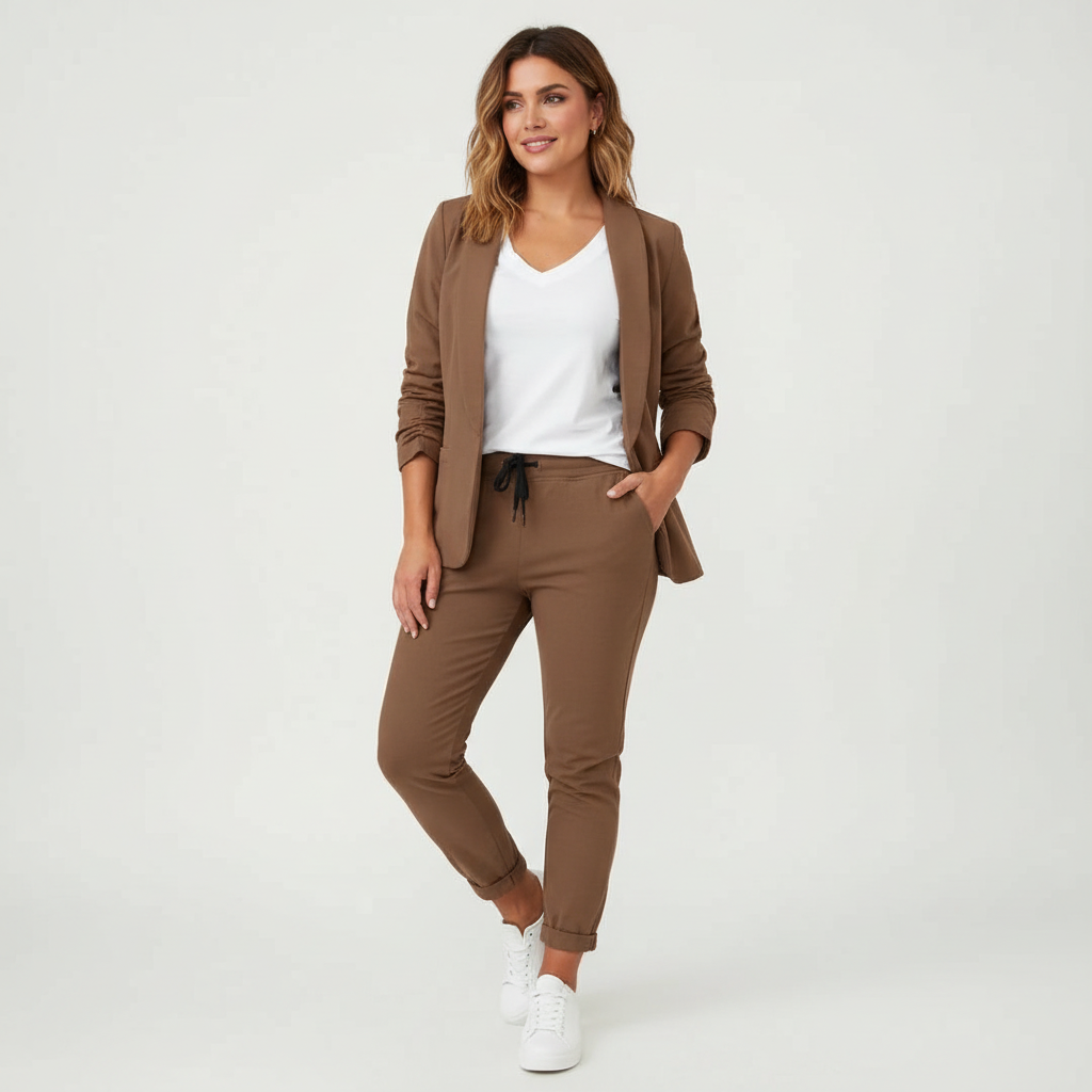 Dames 2-Delige Blazerset – Blazer met Comfortabele Pantalon Bruin / S - AIDA LENA