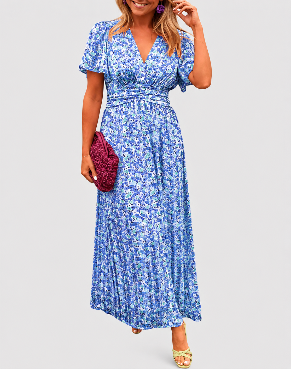 Summer Maxi Dress | Blue Floral V-Neck