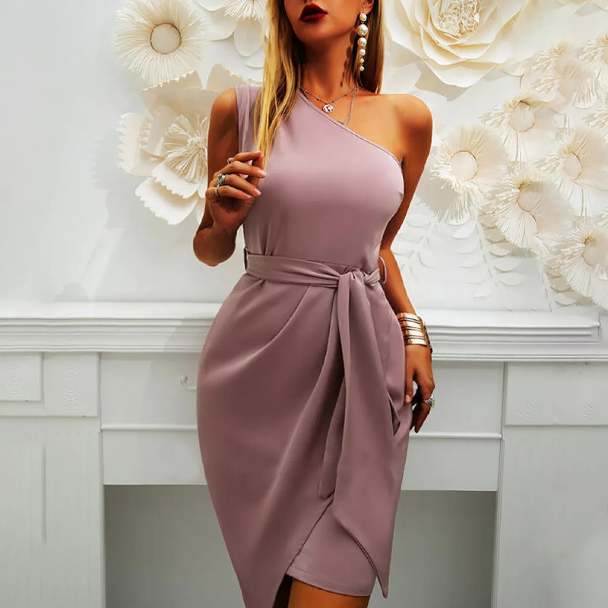 Summer Wrap Dress Women's | One-Shoulder Belted Party Dress
