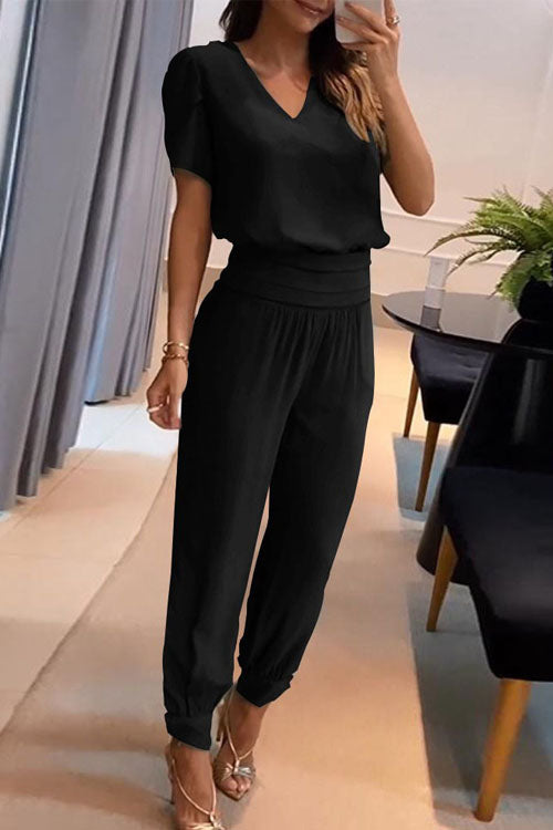 Women's Co-Ord Set | V-Neck Top & Cuffed Jogger Trousers