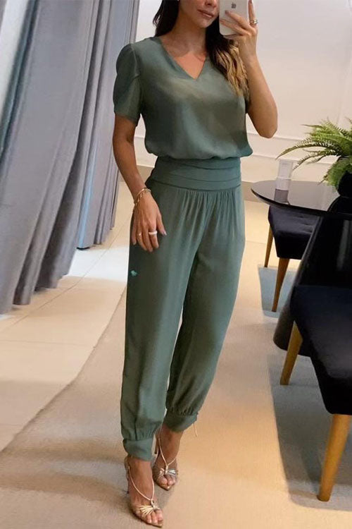 Women's Co-Ord Set | V-Neck Top & Cuffed Jogger Trousers