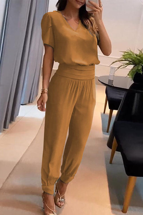 Women's Co-Ord Set | V-Neck Top & Cuffed Jogger Trousers