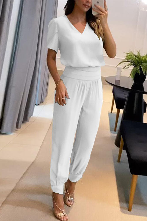 Women's Co-Ord Set | V-Neck Top & Cuffed Jogger Trousers