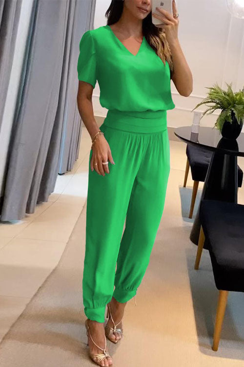 Women's Co-Ord Set | V-Neck Top & Cuffed Jogger Trousers