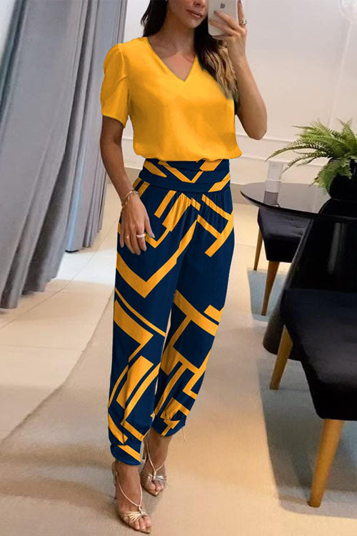 Women's Co-Ord Set | V-Neck Top & Cuffed Jogger Trousers