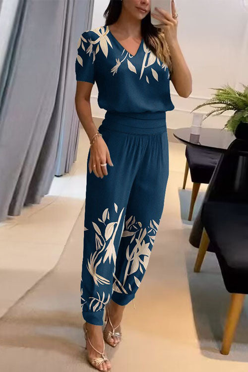 Women's Co-Ord Set | V-Neck Top & Cuffed Jogger Trousers