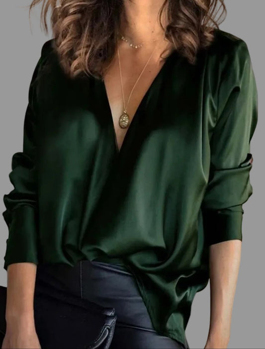Top | Deep V-Neck Satin Draped Long Sleeve