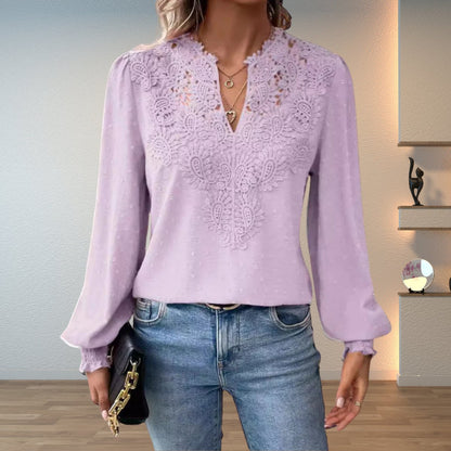 Top | Lace Bodice V-Neck Smocked Cuff