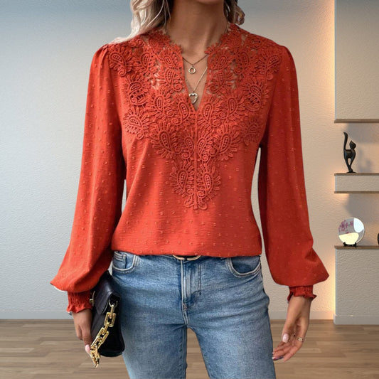 Top | Lace Bodice V-Neck Smocked Cuff