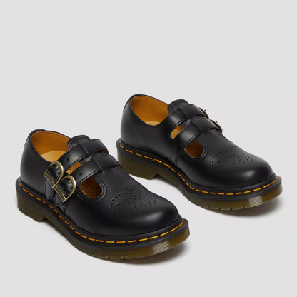 Black double buckle leather mary jane shoes with chunky sole