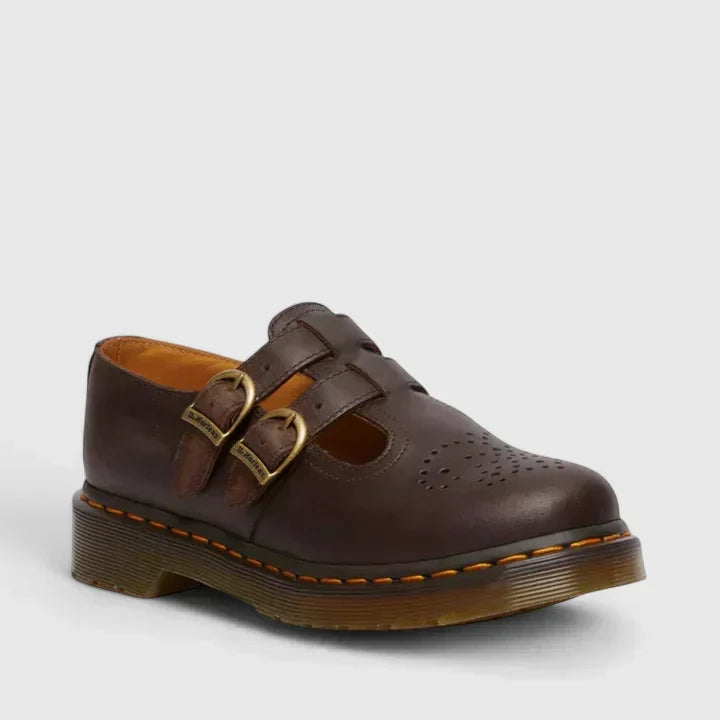 Black double buckle leather mary jane shoes with chunky sole
