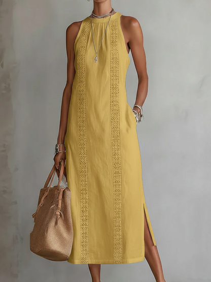 Women's Midi Dress | Embroidered Panels, Side Split