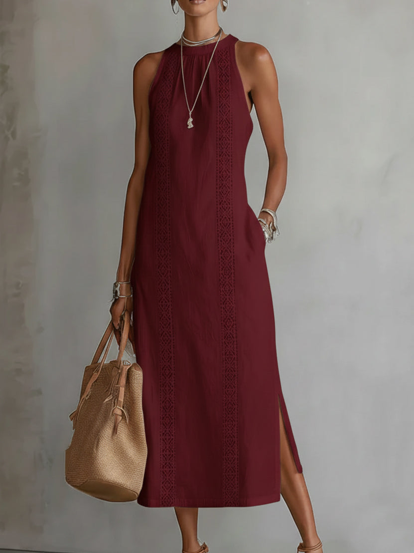 Women's Midi Dress | Embroidered Panels, Side Split