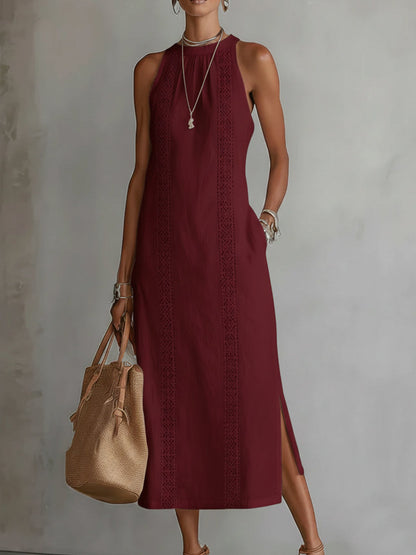 Women's Midi Dress | Embroidered Panels, Side Split