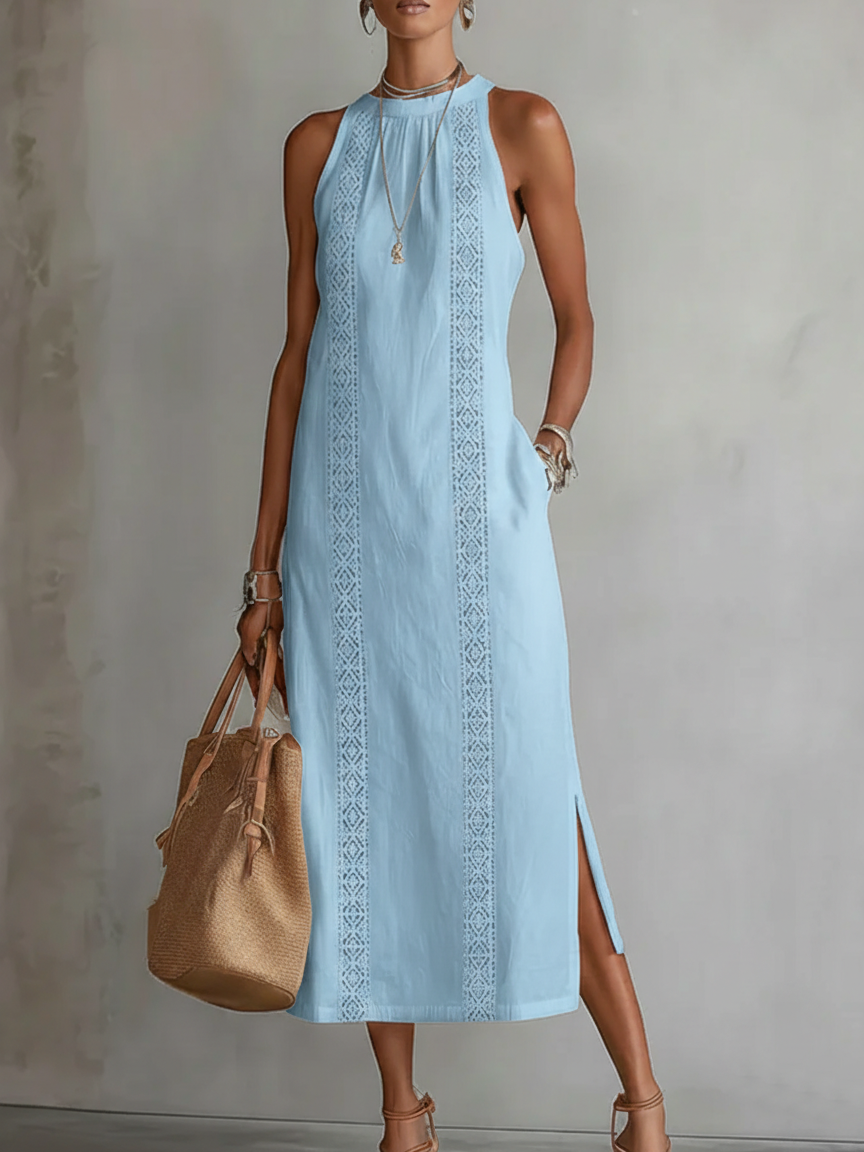 Women's Midi Dress | Embroidered Panels, Side Split