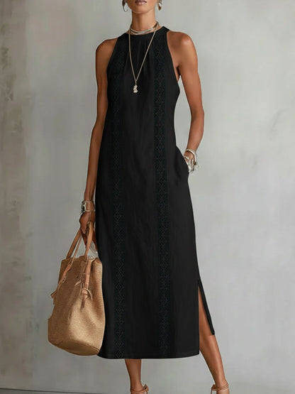 Women's Midi Dress | Embroidered Panels, Side Split