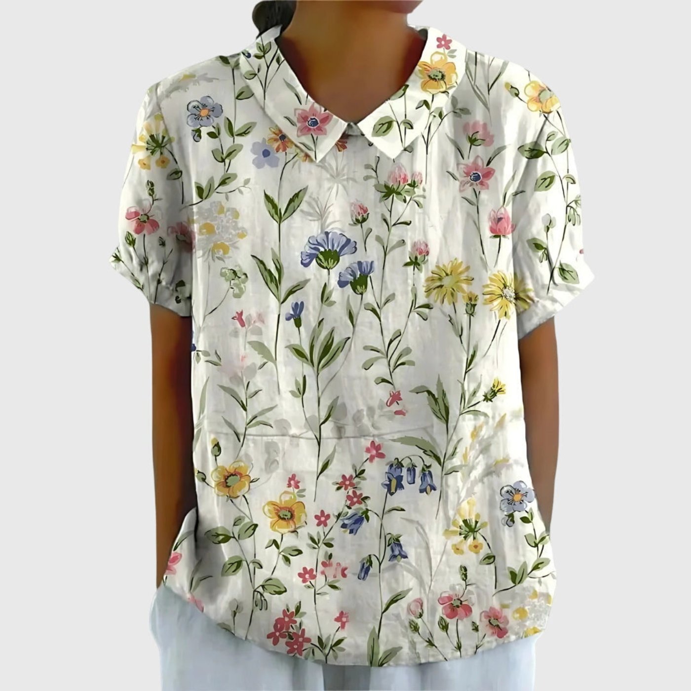 Willow | Women's Linen Short Sleeve Collared Blouse Floral Print 0