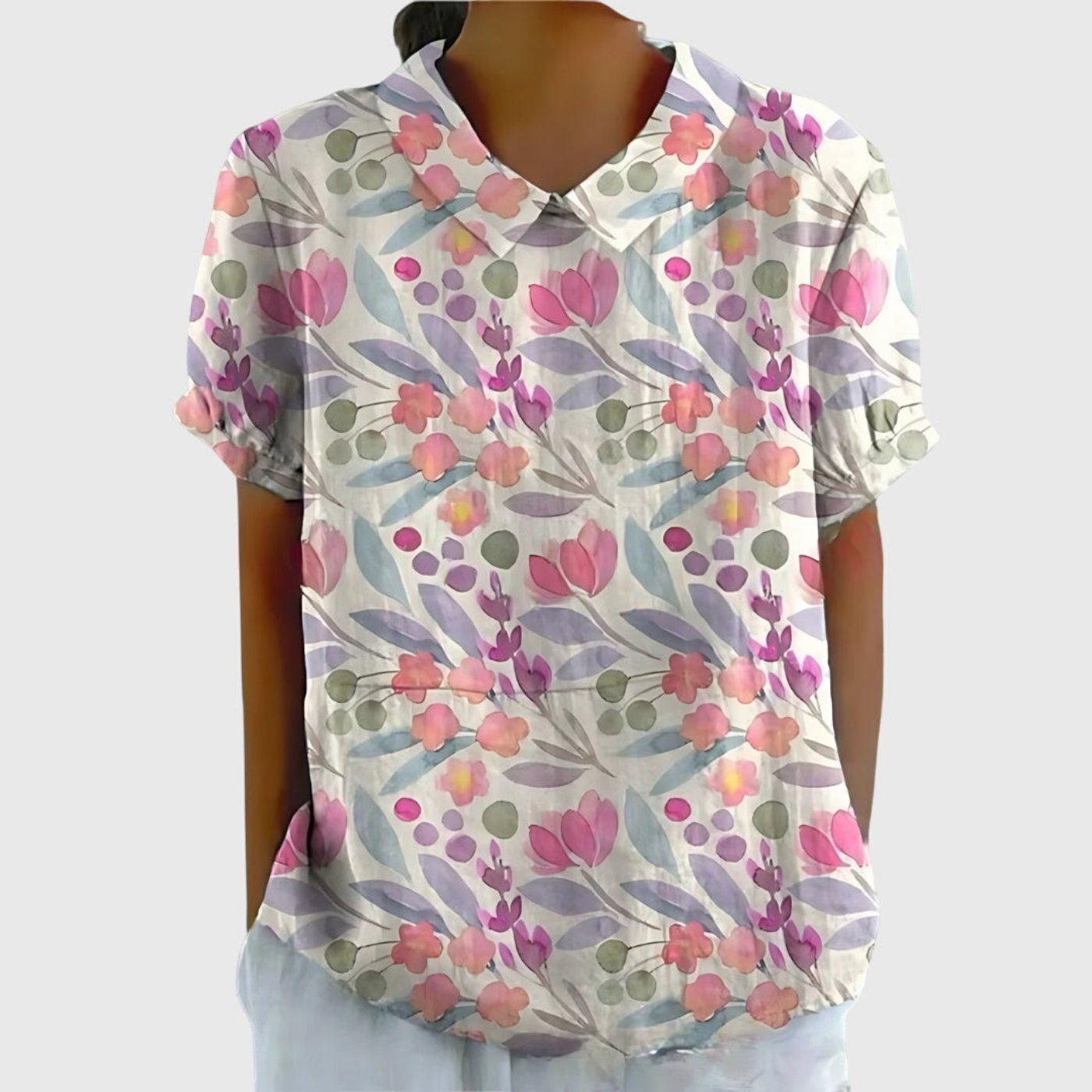 Willow | Women's Linen Short Sleeve Collared Blouse Floral Print 6