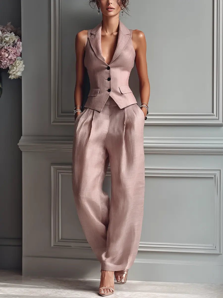 Willow | Women's Linen Sleeveless Lapel Vest Wide-Leg Trousers Set 0