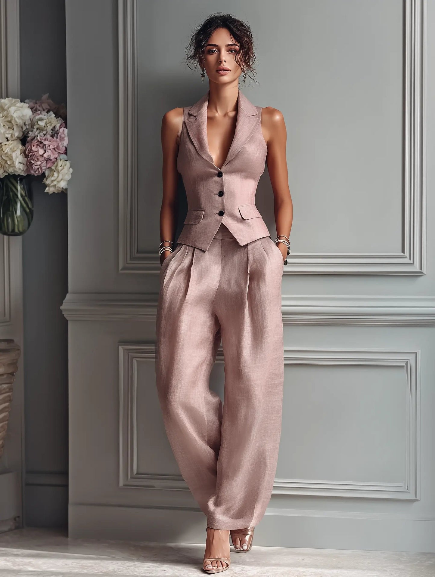 Willow | Women's Linen Sleeveless Lapel Vest Wide-Leg Trousers Set 2