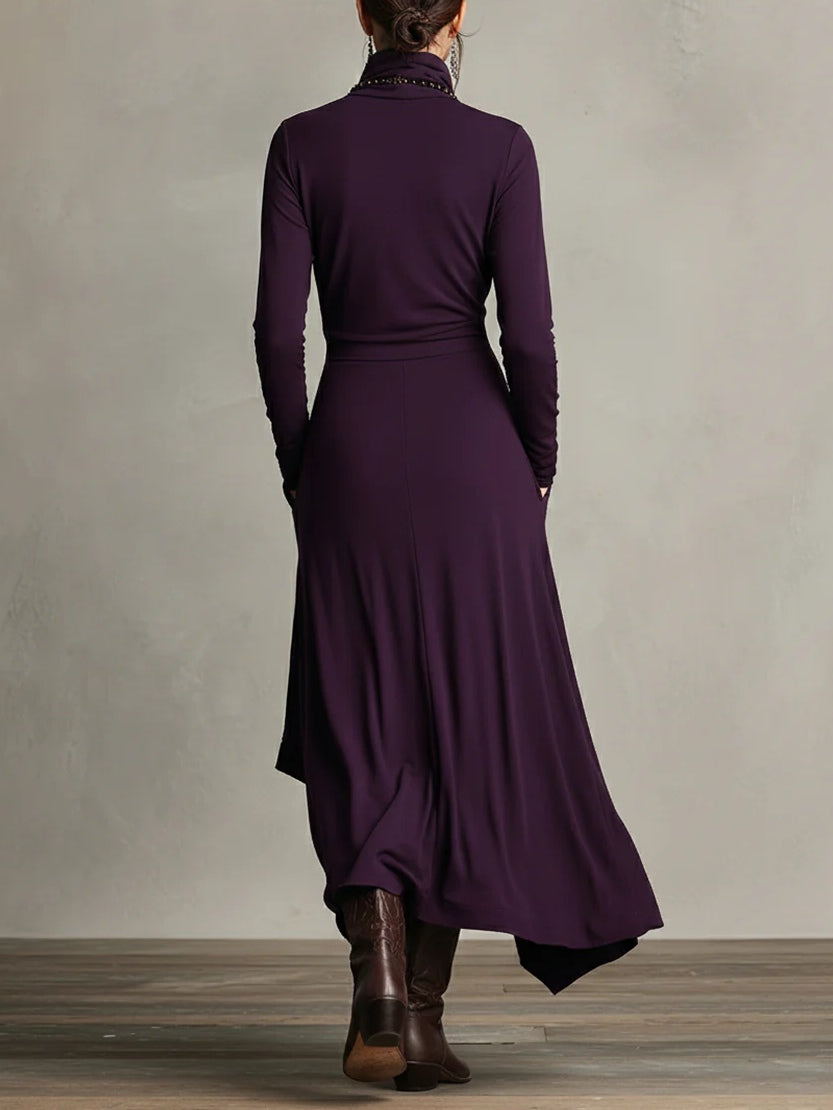 Women Long Dress | Asymmetric Draped Turtleneck Maxi