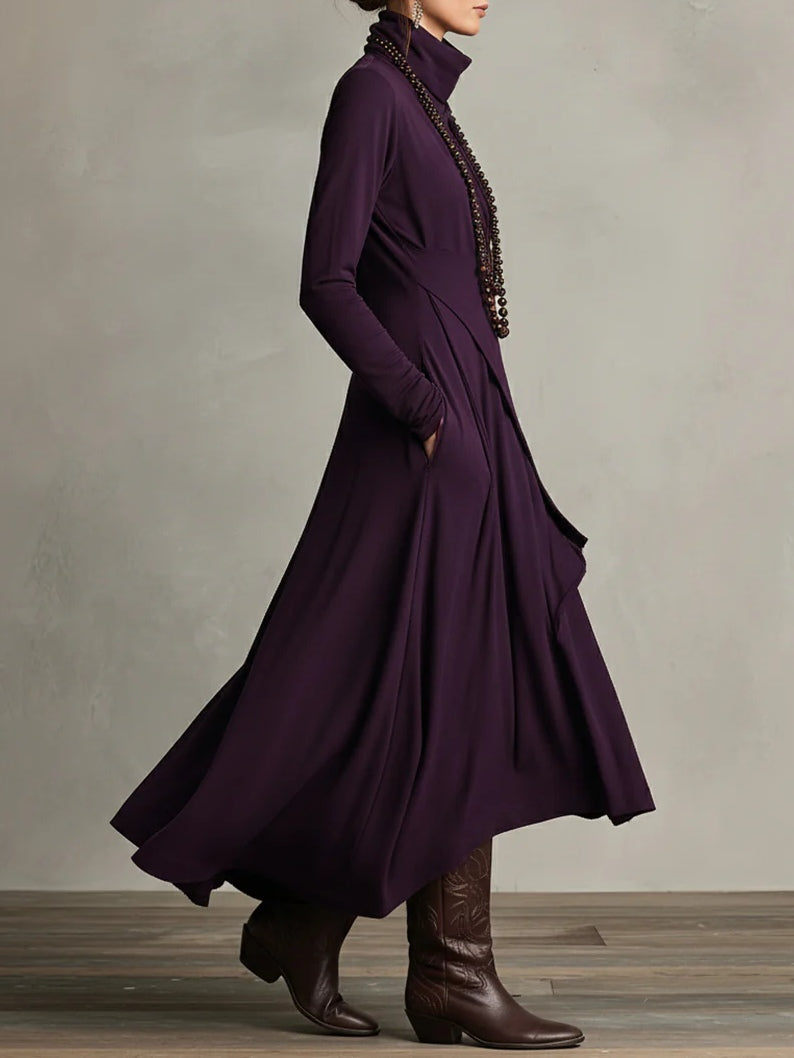 Women Long Dress | Asymmetric Draped Turtleneck Maxi