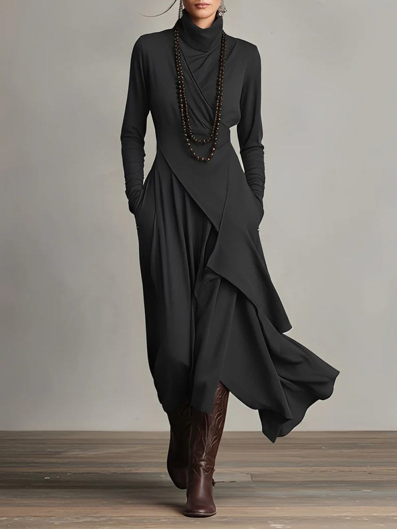 Women Long Dress | Asymmetric Draped Turtleneck Maxi