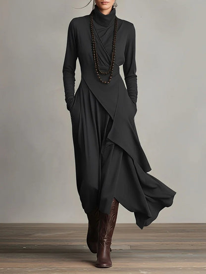Women Long Dress | Asymmetric Draped Turtleneck Maxi