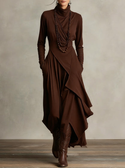 Women Long Dress | Asymmetric Draped Turtleneck Maxi